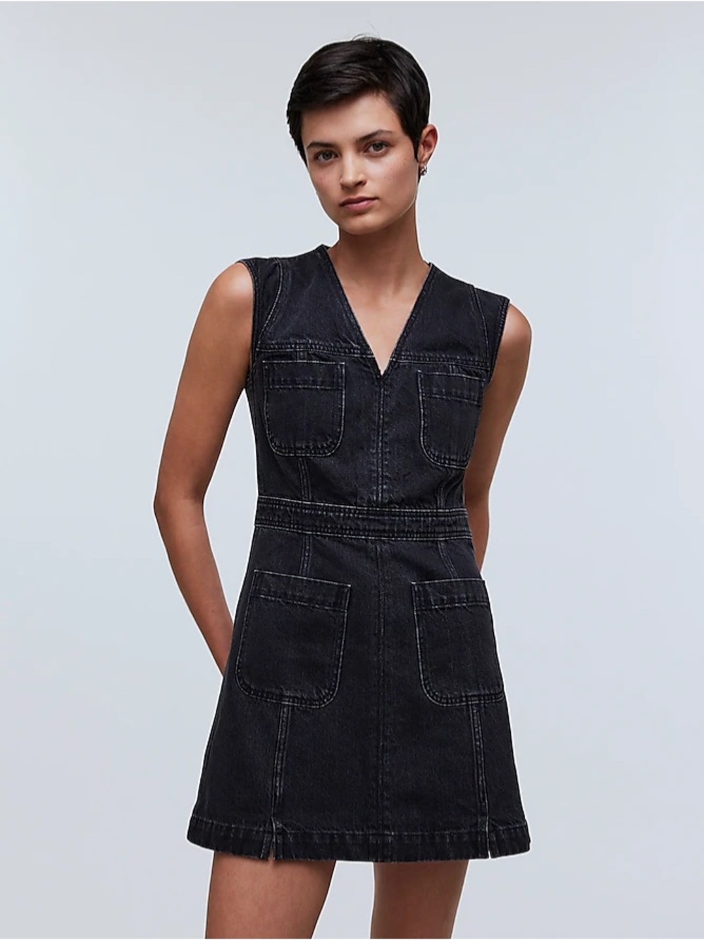 Madewell Dress Denim Cap-Sleeve Utility Pockets Mini Tarrybrook Wash Black 00